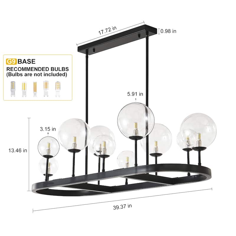10-Light Kitchen Island Chandelier with Clear Glass Globes - Matte Black
