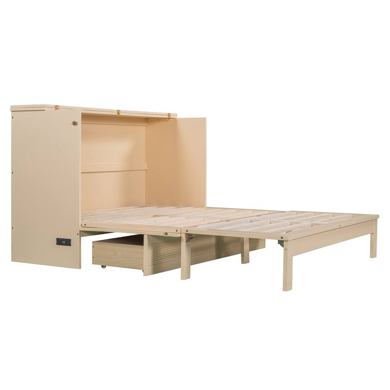 Full/Queen Size Murphy Bed Wall Bed with a Large Storage Drawer, Space Saving Murphy Cabinet Bed w/ a set of Sockets & USB Ports