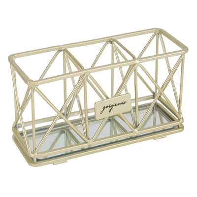 Home Details 3 Compartment Cosmetic Brush Pencil Holder in Satin Gold - 7"x 2.5"x 3.75"