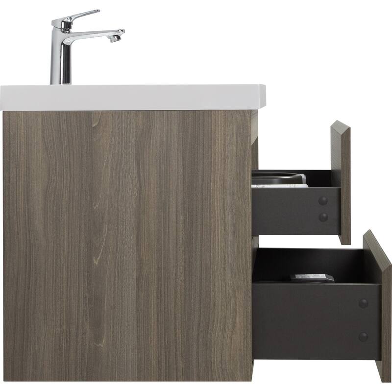 35.5-Inch Floating Bathroom Vanity with Glossy Resin Sink, Ash Grey Color, Wall-Mounted Design, 2 Drawers