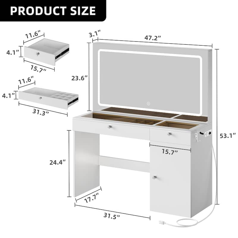 47" Makeup Vanity Desk with LED Mirror,2 Drawers and Power Outles