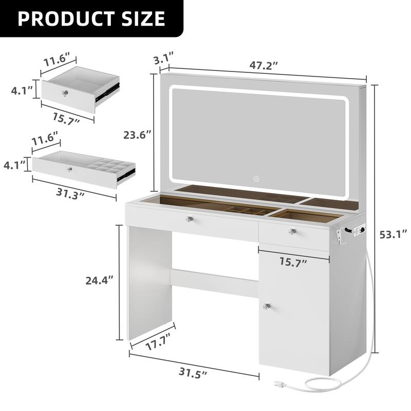 Moasis 47" Vanity Desk with LED and Power Outlets, Makeup Vanity Dressing Table with Dividers and Hair Dryer Rack