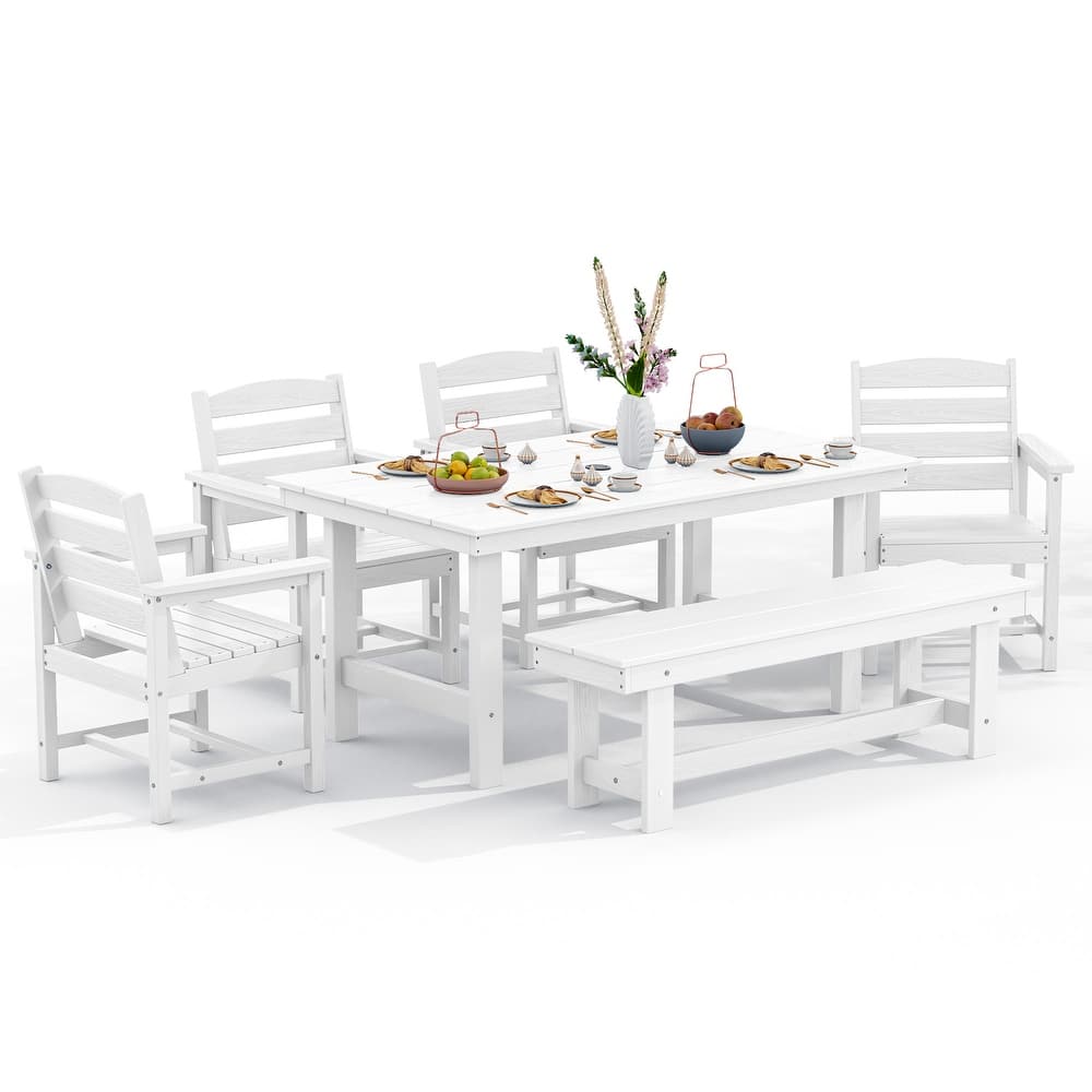 6-Piece HDPE Outdoor Dining Table Sets with Umbrella Hole - 1-Table 4-Chairs-1-Bench