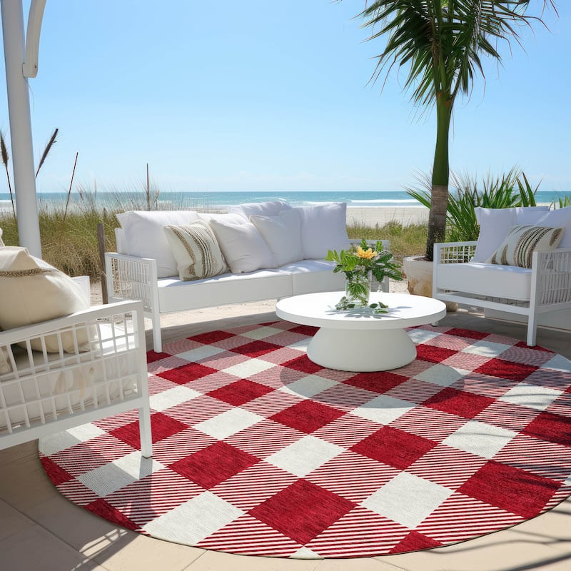 Machine Washable Indoor/ Outdoor Chantille Plaid Rug - Red - 8' x 8'