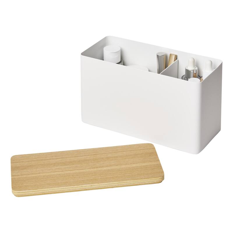 Yamazaki Home Countertop Organizer, Steel and Wood, Lid - L 4.13 x W 9.06 x H 5.51 inches - White