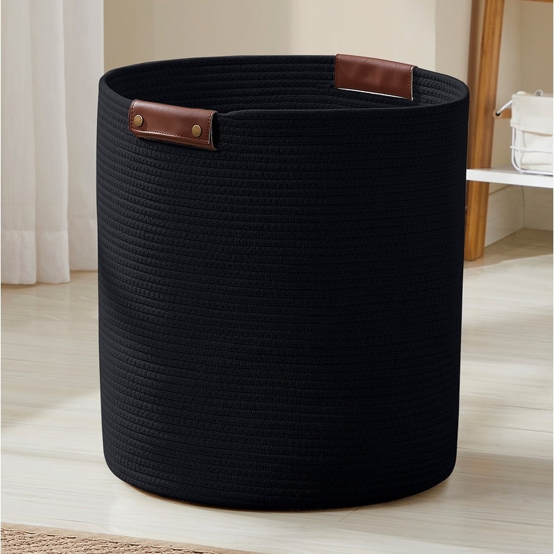 Large Cotton Rope Storage Basket Laundry Hamper Woven Basket with Leather Handles -16 x 18 - 16" x 16" x 18" - Black