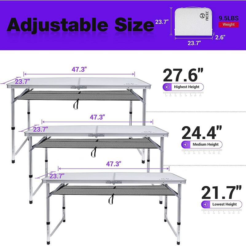 Folding Card Table Adjustable Height, Portable Camping Table Lightweight Aluminum, with Carry Handle for Outdoor, Beach