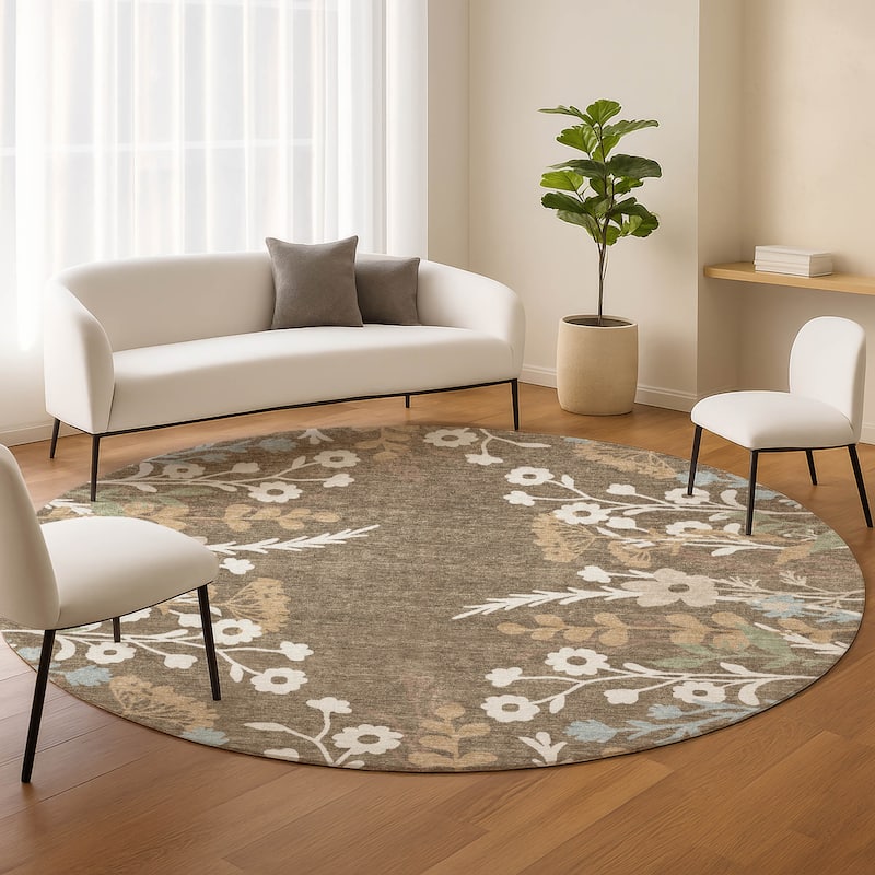 Machine Washable Indoor/ Outdoor Floral Border Chantille Rug