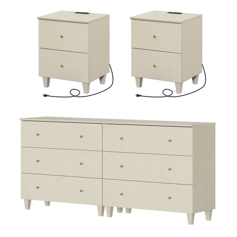 WAMPAT 6-Drawer Dresser and Nightstands Set of 3 for Bedroom, 70.8" - Beige - 3 Piece