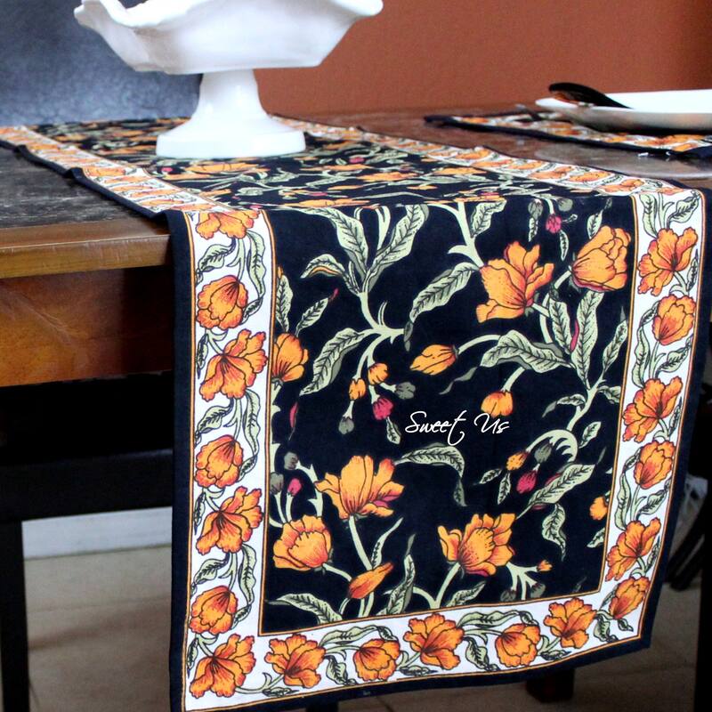 Cotton Sweet French Country Floral Tablecloth Round, Runner - Runner - Black Amber