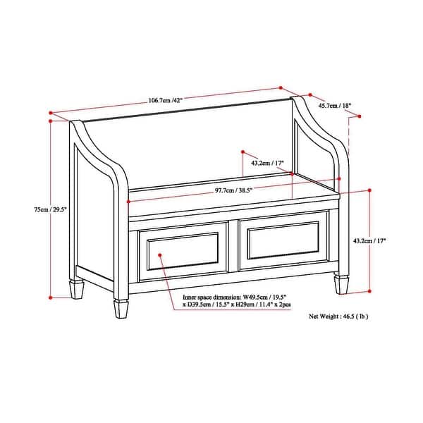 dimension image slide 0 of 3, WYNDENHALL Hampshire SOLID WOOD 42 inch Wide Traditional Entryway Storage Bench - 42 W x 18 D x 29.5 H