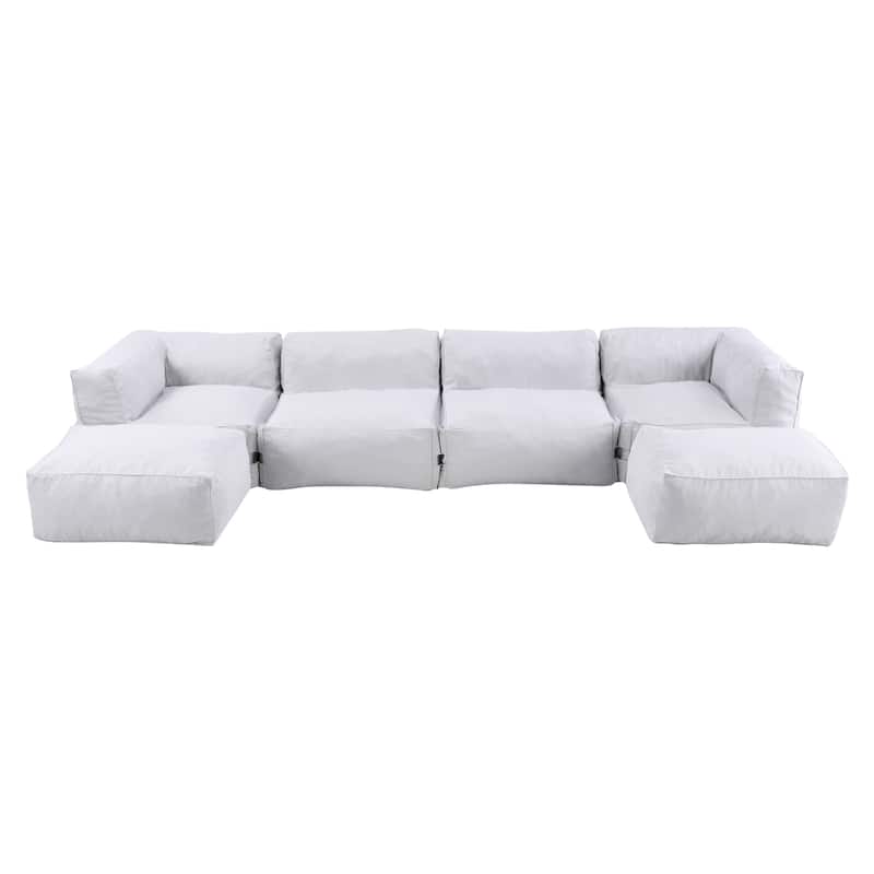 Christopher Knight Home - Nerissa 6-Piece Modular Outdoor/Indoor Bean Bag Sectional Sofa Set with Shredded Foam Filled & Ottoman - Light Grey