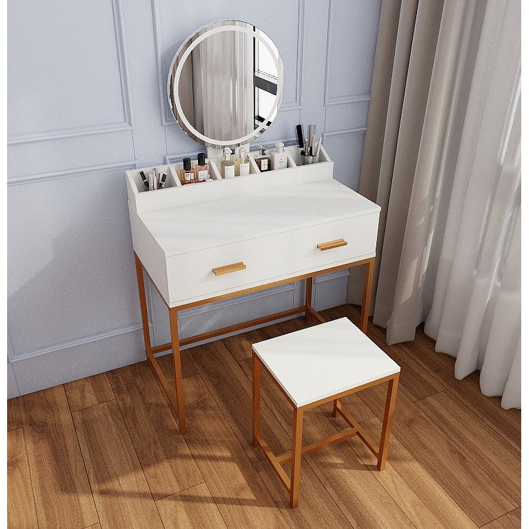 Vanity Set with Mirror and Stool - Makeup Vanity Table with Storage Drawers and Organizer, White and Gold, Space-Saving Design