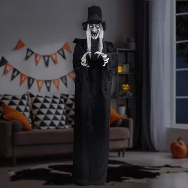 slide 2 of 6, Lighted Vampire in Robe and Top Hat with Sound Hanging Halloween Decoration - 6'