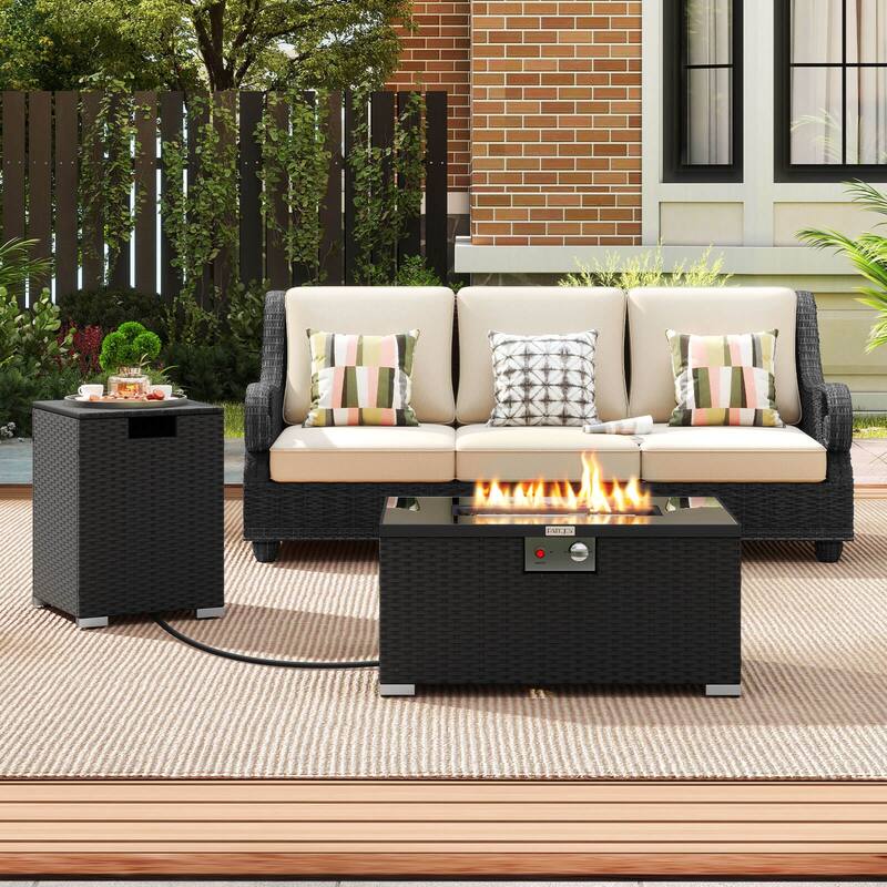 Costway 2 PCS Outdoor Rattan Fire Table Set with Tank Cover Tempered - See Details