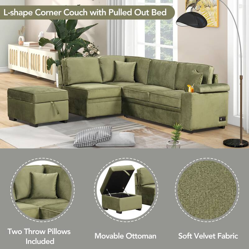 Sleeper Sofa Bed with Storage Ottoman, 2 in 1 Convertible Sectional Sofa Couch, Velvet 4-Seater Sofa with Cup Holder