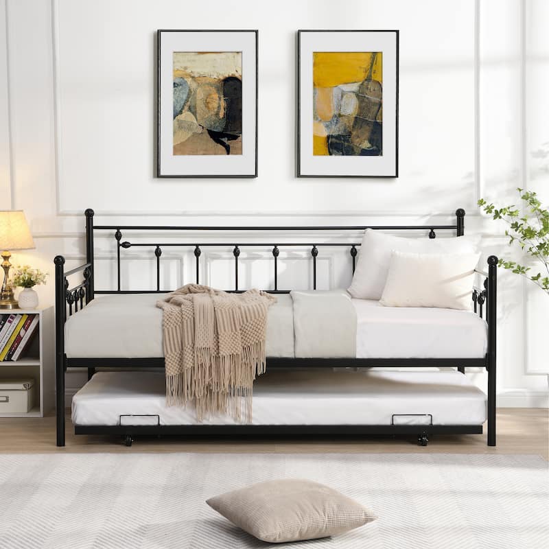 Metal Daybed Frame with Trundle Twin Size Heavy Duty Steel Slats Support Platform Furniture