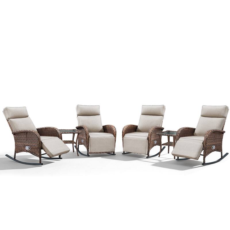 Meyreso 6-Piece Wicker Rocking Reclining Chaise Lounge with Adjustable Backrest & Footrest