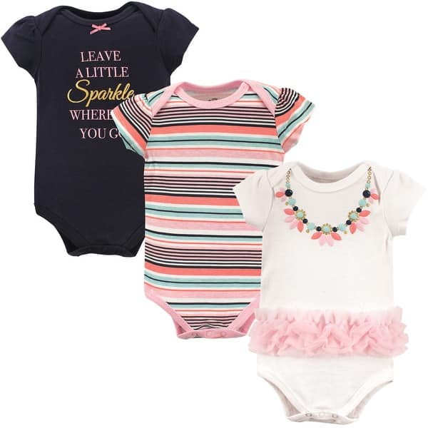 slide 1 of 1, Little Treasure Baby Girl Cotton Bodysuits 3pk, Sparkle Necklace 0-3 Months - Sparkle Necklace Short-Sleeve