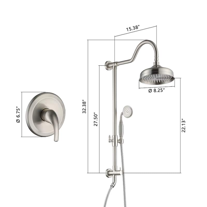 CASAINC Exposed Pipe Shower System with 8-In Rainfall Shower Head and Handheld Shower