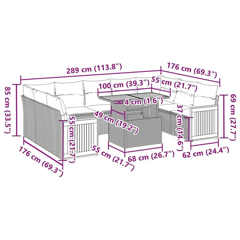 vidaXL 10 Piece Patio Sofa Set with Cushions Black/Gray Poly Rattan Acacia - 21.7 x 24.4 x 27.2