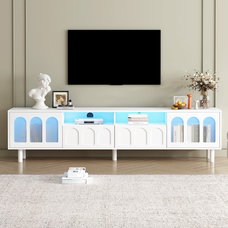 LED TV Stand for Living Room, Entertainment Center for TVs Up to 80" with Wood Legs, Storage Media Console with 2 Drawers