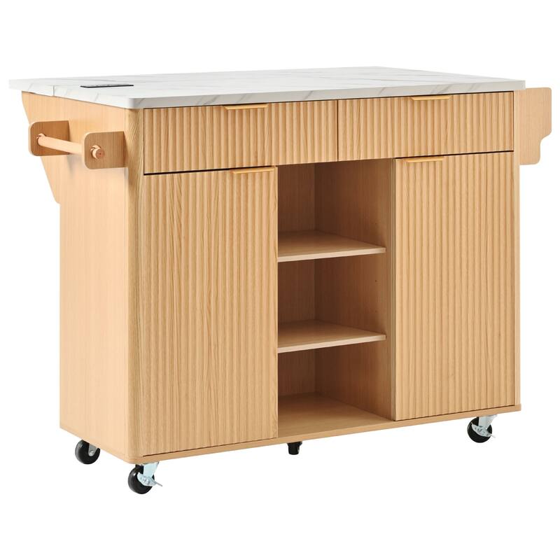 Kitchen Island with Drop Leaf & Power Outlet, Fluted Island Table on Lockable Wheels, Kitchen Cart with Adjustable Shelves