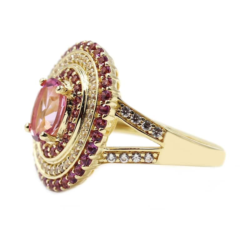 Yellow Over 925 Sterling Silver Pink Topaz,Rhodolite Garnet,White Natural Zircon Ring