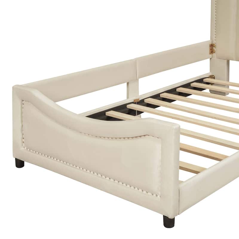 Twin Size Upholstered Daybed with Classic Stripe Shaped Headboard