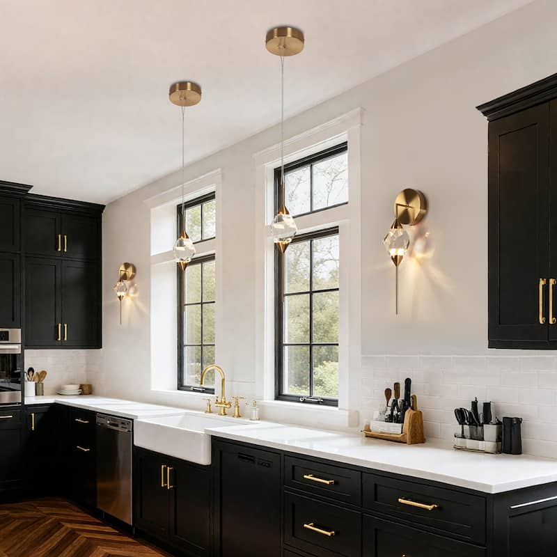 Modern Gold LED Crystal 1-Light Pendant Light for Kitchen Island Dining Room - 4" Dia. x 17" H