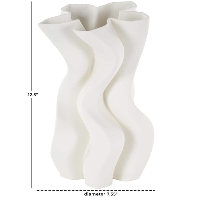Ceramic Abstract Ribbed Dimensional Wavy Decorative Vase with Floral Shaped Rim - White - Roche River Decor