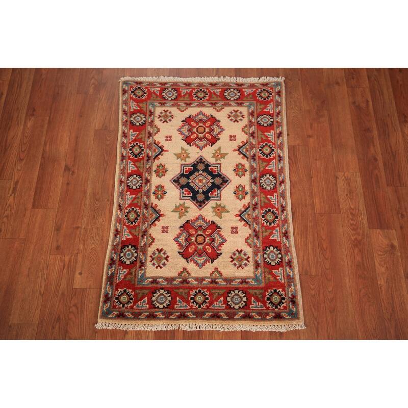Geometric Kazak Oriental Foyer Rug Hand-Knotted Beige Wool Carpet - 2'0" x 3'0"