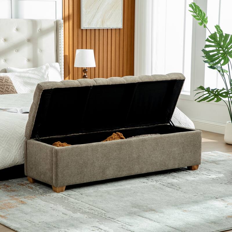 60.2" Chenille Upholstered Storage Bench with Flip-Top & Soft-Close Hinges
