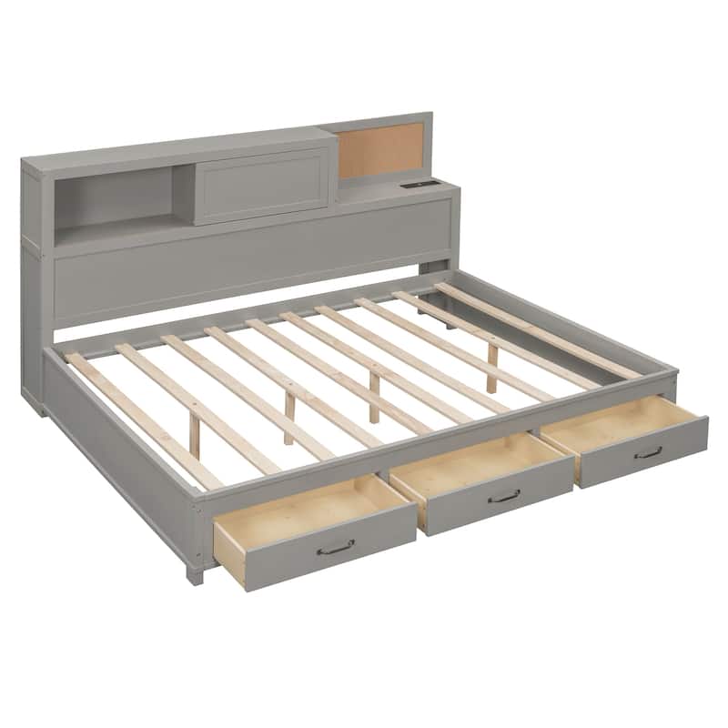 Full Size Wooden Daybed with Storage Drawers and USB Ports