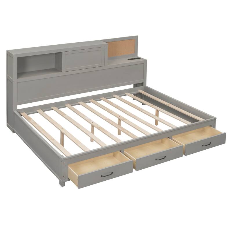 Gray Full Size Wooden Daybed with Three Storage Drawers, Soft Board, and USB Ports