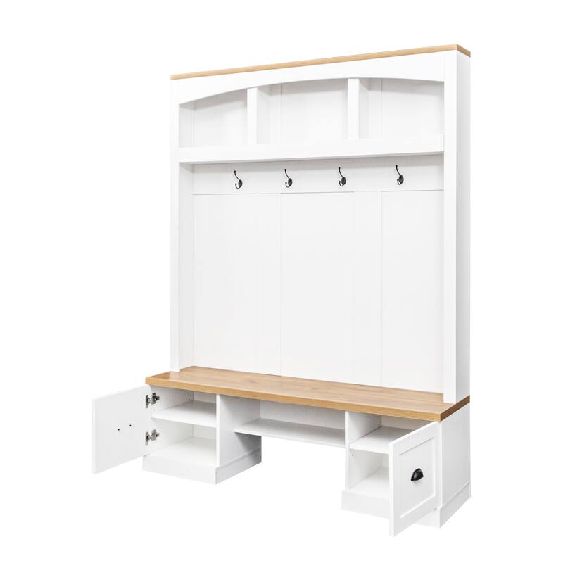 4-in-1 Hall Tree with Wood Grain Bench and Top, Coat Rack with Hooks and Shell Handles, Mudroom Bench with Adjustable Shelves