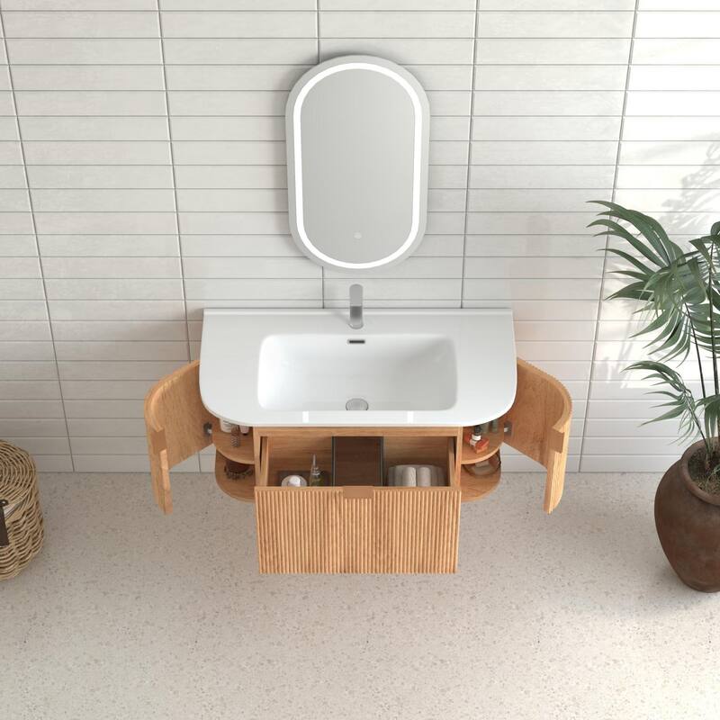 36" Bathroom Vanity,Solid Wood Wall-Mounted Floating Curved Edges Striped Bathroom Large Storage Cabinet With 2 Side Drawers