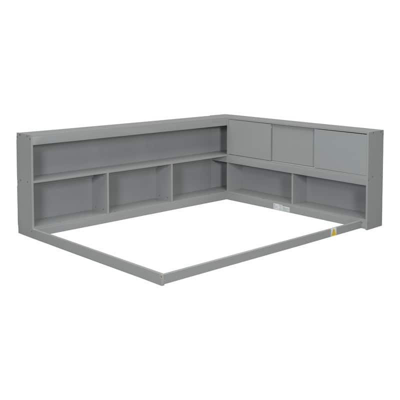 Full Size Wood Floor Bed with L Shape Bookcases,Without Slats