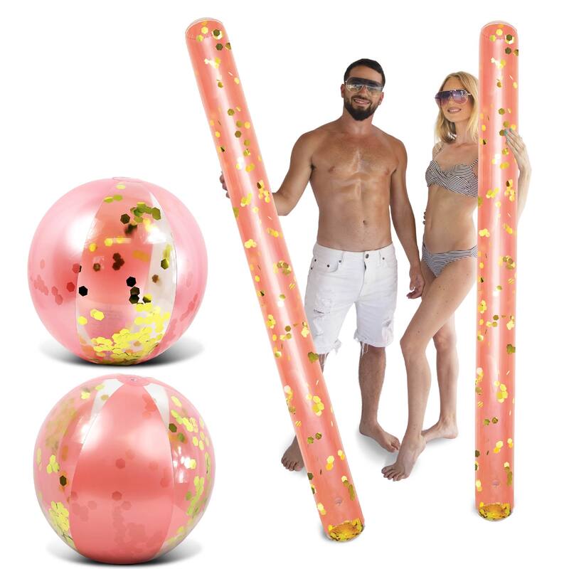 POZA Rose Gold Inflatable Beach Balls and Giant Pool Noodles - 4 Pack - ‎74 x 6 x 6 inches