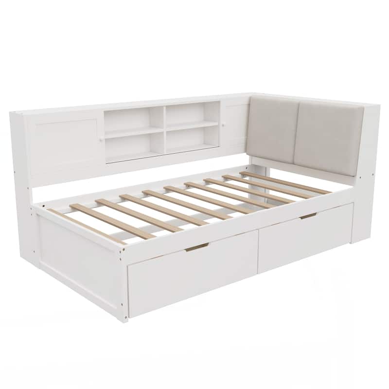 Wooden Twin Size L-shaped Daybed Corner Bed Under-bed Drawers with Storage Bookcase and Upholstered Headboard