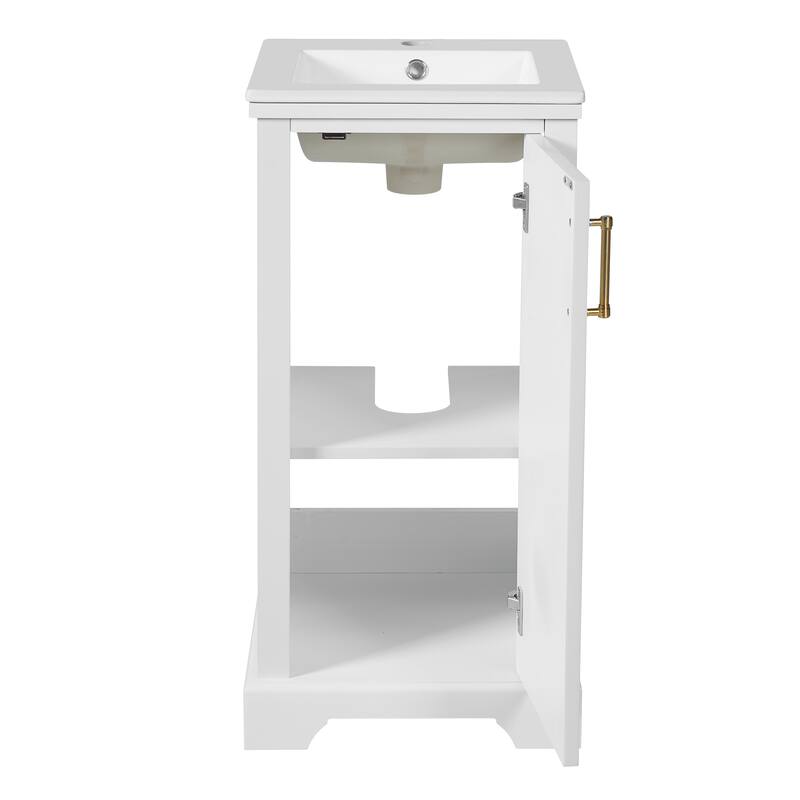 Roomfitters 16 Inch Bathroom Vanity with Ceramic Sink, Freestanding French Style Storage Cabinet & Adjustable Shelf, White