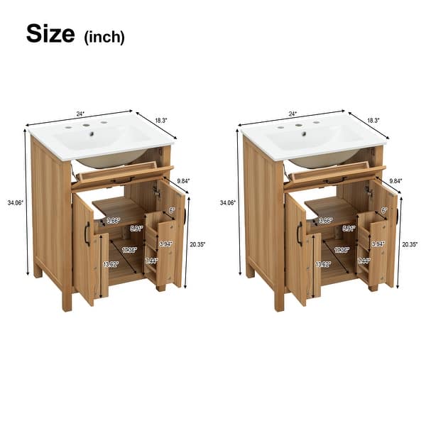 dimension image slide 3 of 6, Natural Oak Bathroom Vanity with Ceramic Sink Solid Wood MDF Storage Cabinet for Bathroom 24/30/48/60 inches