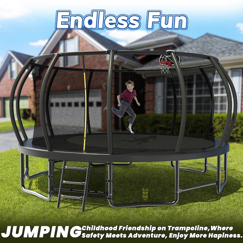 16FT Outdoor Trampoline for Kids and Adults, Pumpkin Trampolines with Curved Poles,Heavy Duty Trampoline