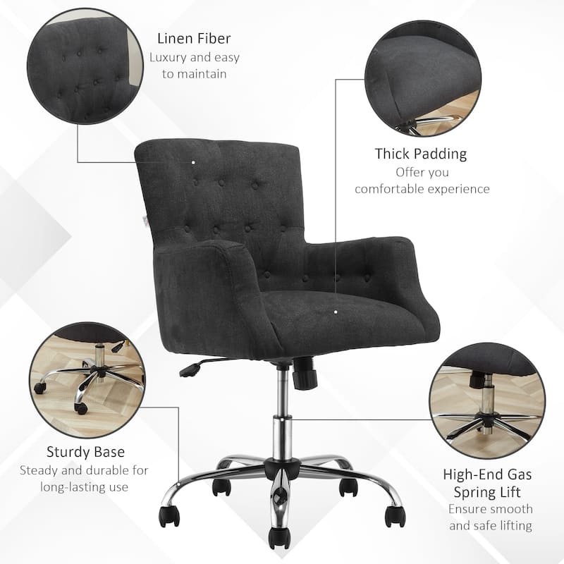 HOMCOM Swivel Computer Office Chair Button Tufted Mid Back Desk Chair for Home Study Bedroom, Carbon