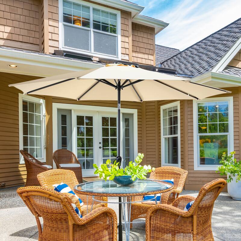 Outdoor 7.5' Round Beige Patio Vented Umbrella, Crank, Push Button Tilt
