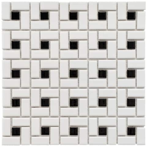 SomerTile Spiral Black and White 12.5" x 12.5" Porcelain Mosaic Tile