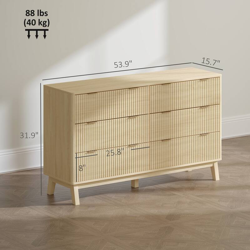 6 Drawer Dresser for Bedroom Fluted Panel Design Modern Storage with Gold Pulls