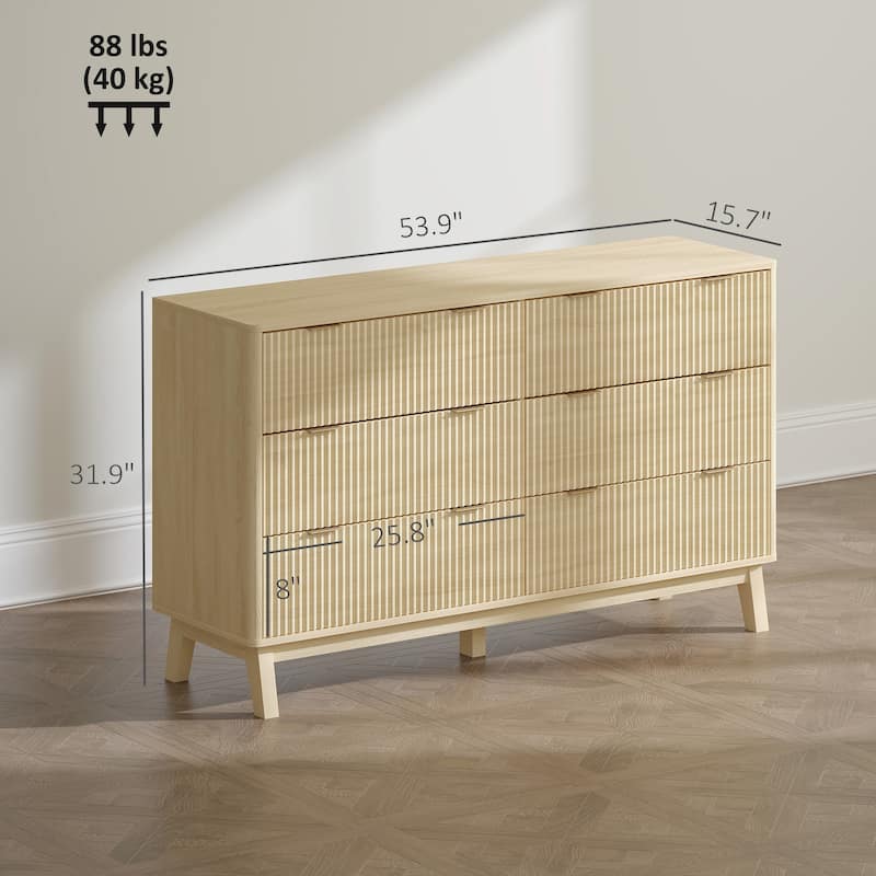 HOMCOM Fluted Dresser for Bedroom with 6 Drawers, 54" Wide Chest of Drawers with Gold Finger Pulls and 5 Wood Legs
