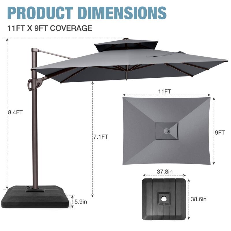 VredHom 9x11 FT Rectangular Outdoor Patio Double Top Cantilever Umbrella with Weight Base