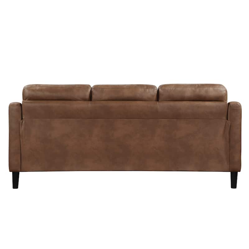 Orry 77 Inch Sofa, Button Tufted Back, Brown Microfiber, Black Solid Wood